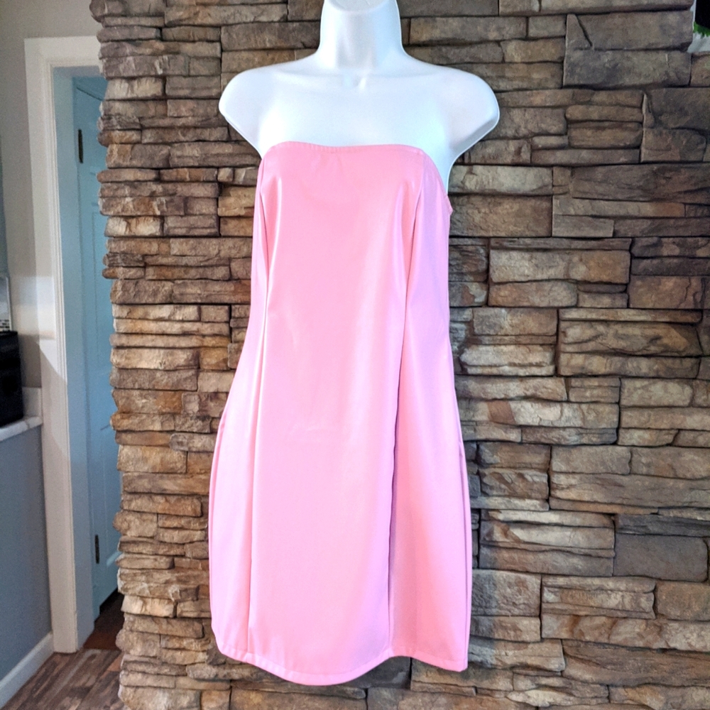 Pretty Little Thing Baby Pink PU Bandeau Bodycon Dress Size 8 NWT